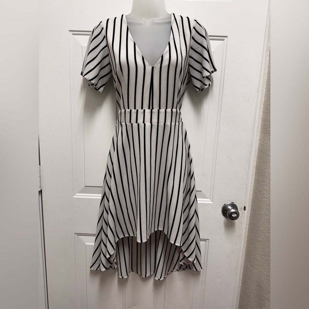 Women's Black and White Striped Asymmetrical V-Neck Dress